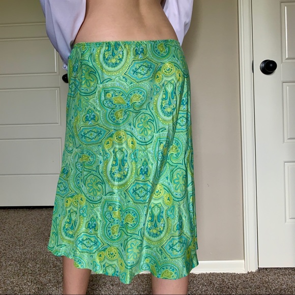 VTG Y2K Green Paisley Print Silk Midi Slip Skirt - Picture 3 of 8